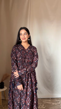 Reyya Black Gathered Sleeves Anarkali Set