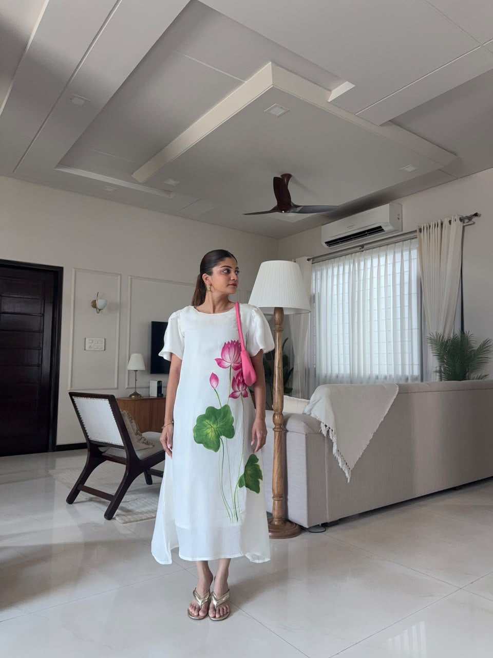White Handpainted Lotus Dress