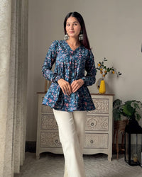 Blue Small Booti V Neck Peplum Top Pure Cotton