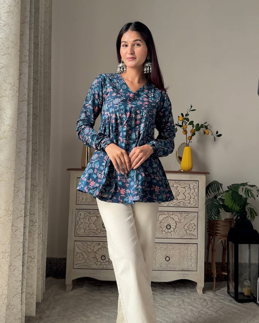 Blue Small Booti V Neck Peplum Top Pure Cotton