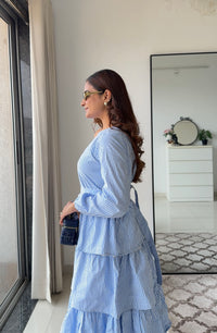 Blue Ghingham One Shoulder Dress with Belt