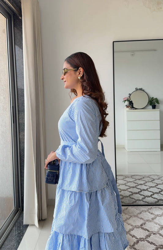 Blue Ghingham One Shoulder Dress with Belt
