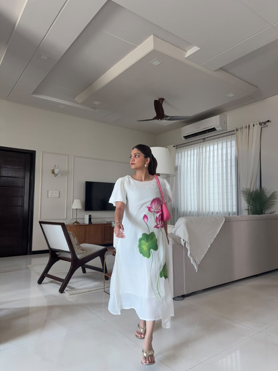 White Handpainted Lotus Dress