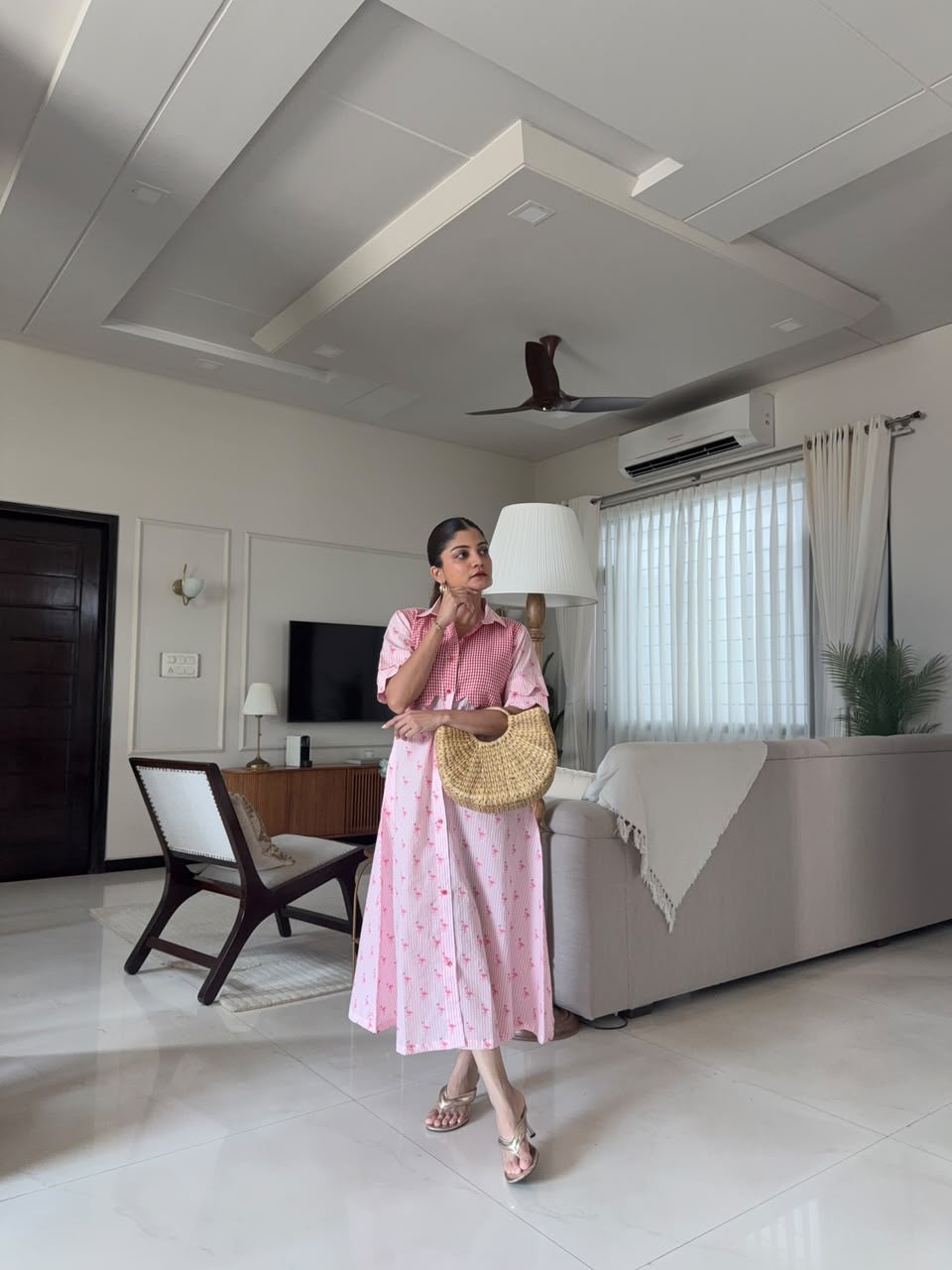 Pink Gingham Floral Dress