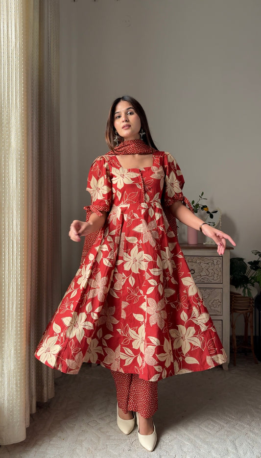 Saru Rust Orange Cotton Anarkali Suit Set