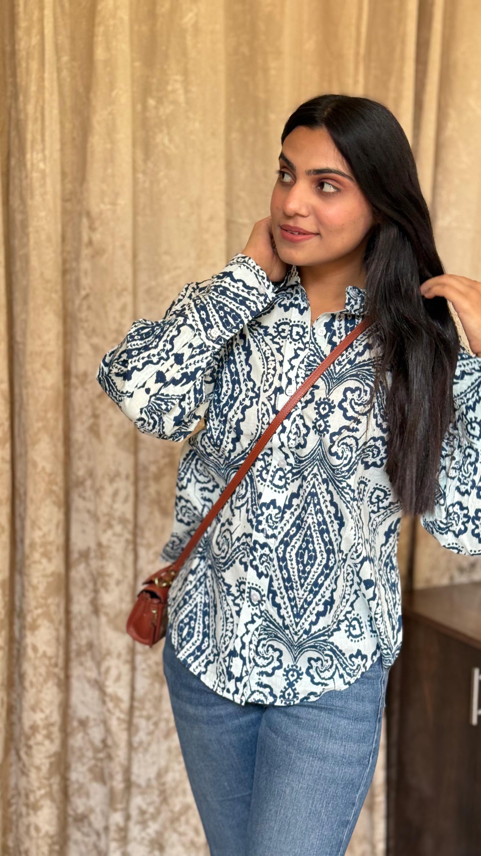 Printed Blue & White Cotton Shirt