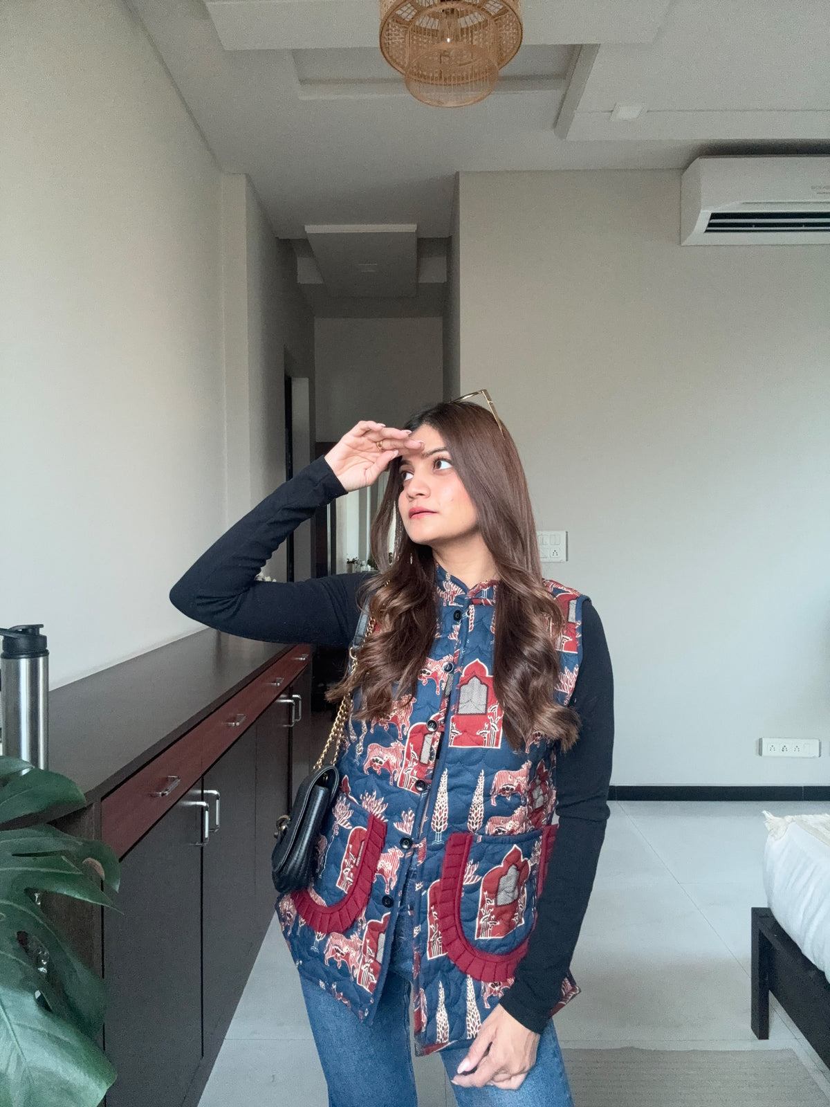 Blue Printed Jacket with Maroon Detailing