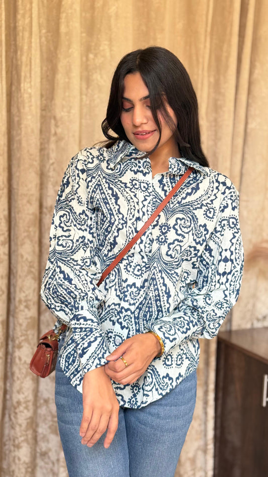 Printed Blue & White Cotton Shirt