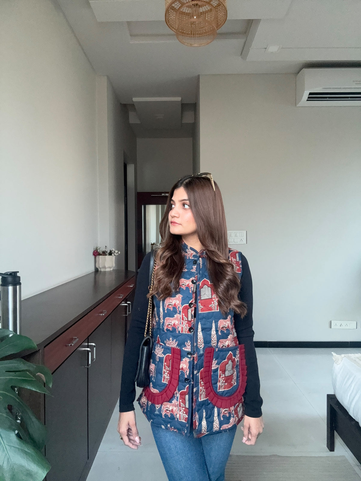 Blue Printed Jacket with Maroon Detailing