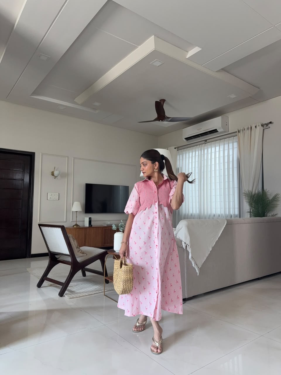 Pink Gingham Floral Dress