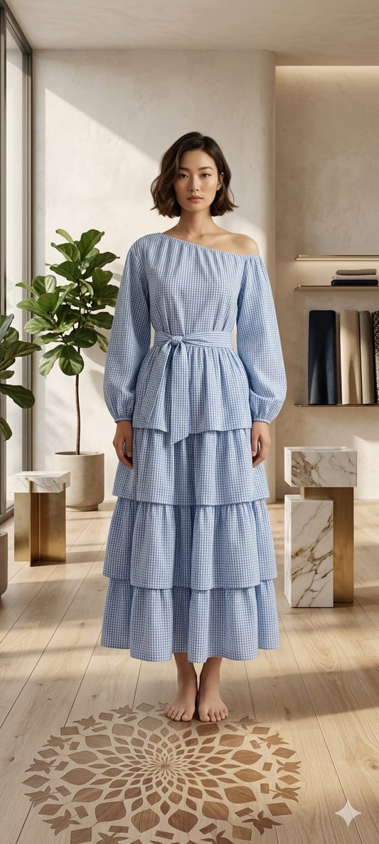 Blue Ghingham One Shoulder Dress with Belt