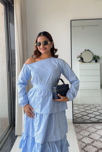 Blue Ghingham One Shoulder Dress with Belt
