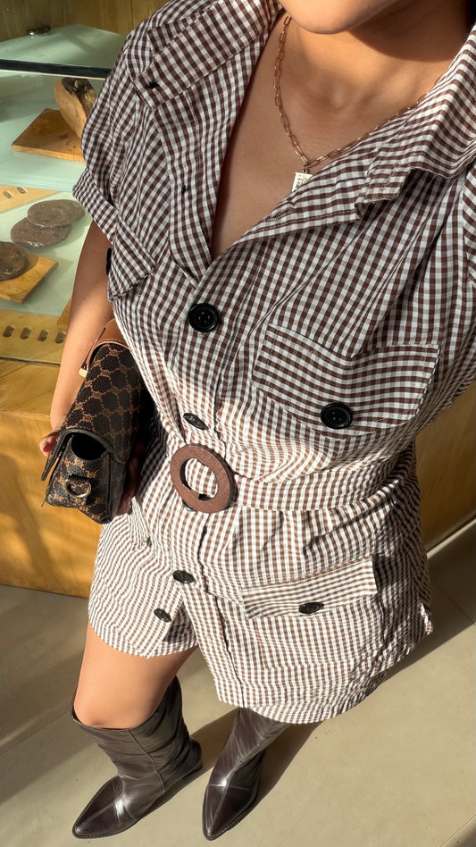 Mocha Muse Belted Check Playsuit