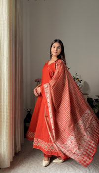 Suhita Orange Cotton Anarkali Suit Set