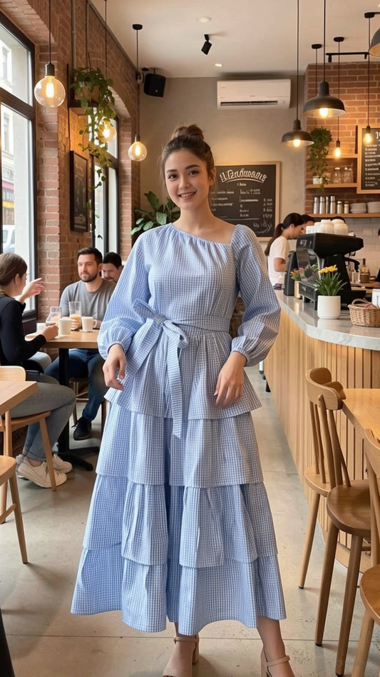 Blue Ghingham One Shoulder Dress with Belt