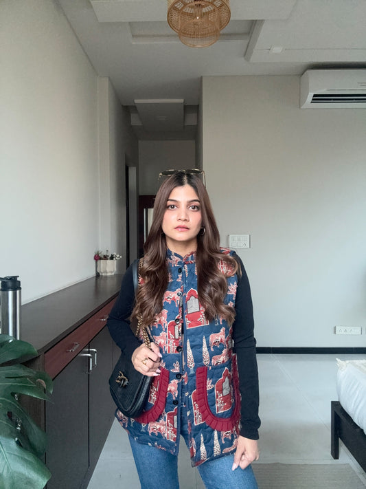 Blue Printed Jacket with Maroon Detailing
