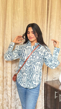 Printed Blue & White Cotton Shirt