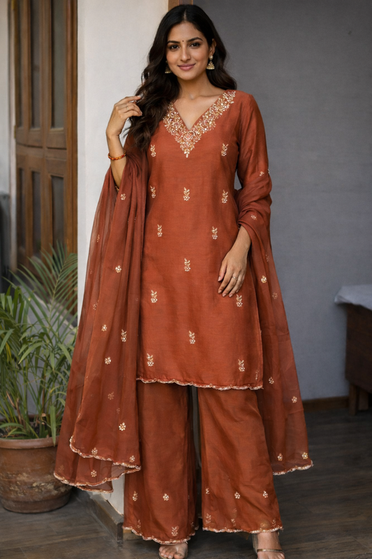 Handwork Festive Palazzo Set with Organza Dupatta