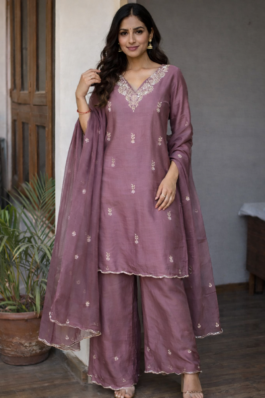 Handwork Festive Palazzo Set with Organza Dupatta