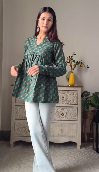 Green Full Sleeves Cotton Top
