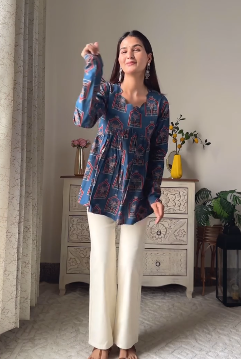 Blue Scalloped Neck Full Sleeve Top Pure Cotton