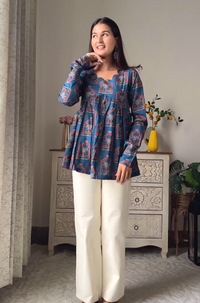 Blue Scalloped Neck Full Sleeve Top Pure Cotton