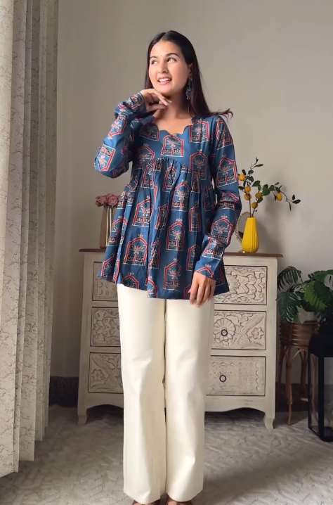 Blue Scalloped Neck Full Sleeve Top Pure Cotton