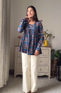 Blue Scalloped Neck Full Sleeve Top Pure Cotton