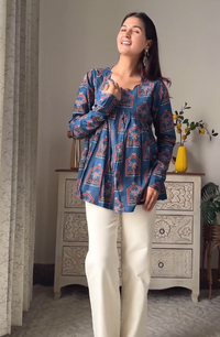 Blue Scalloped Neck Full Sleeve Top Pure Cotton