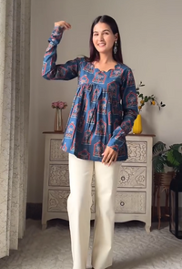 Blue Scalloped Neck Full Sleeve Top Pure Cotton
