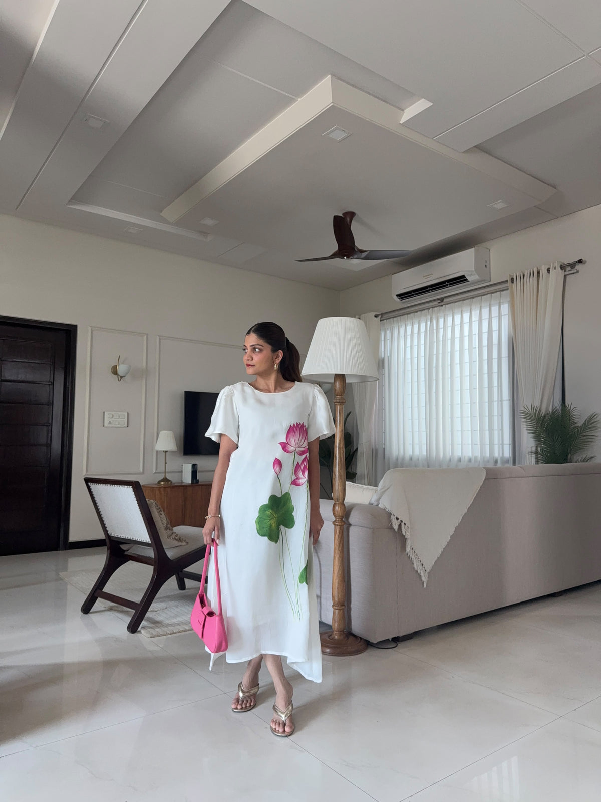 White Handpainted Lotus Dress