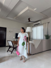 White Handpainted Lotus Dress