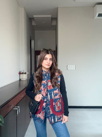 Blue Printed Jacket with Maroon Detailing