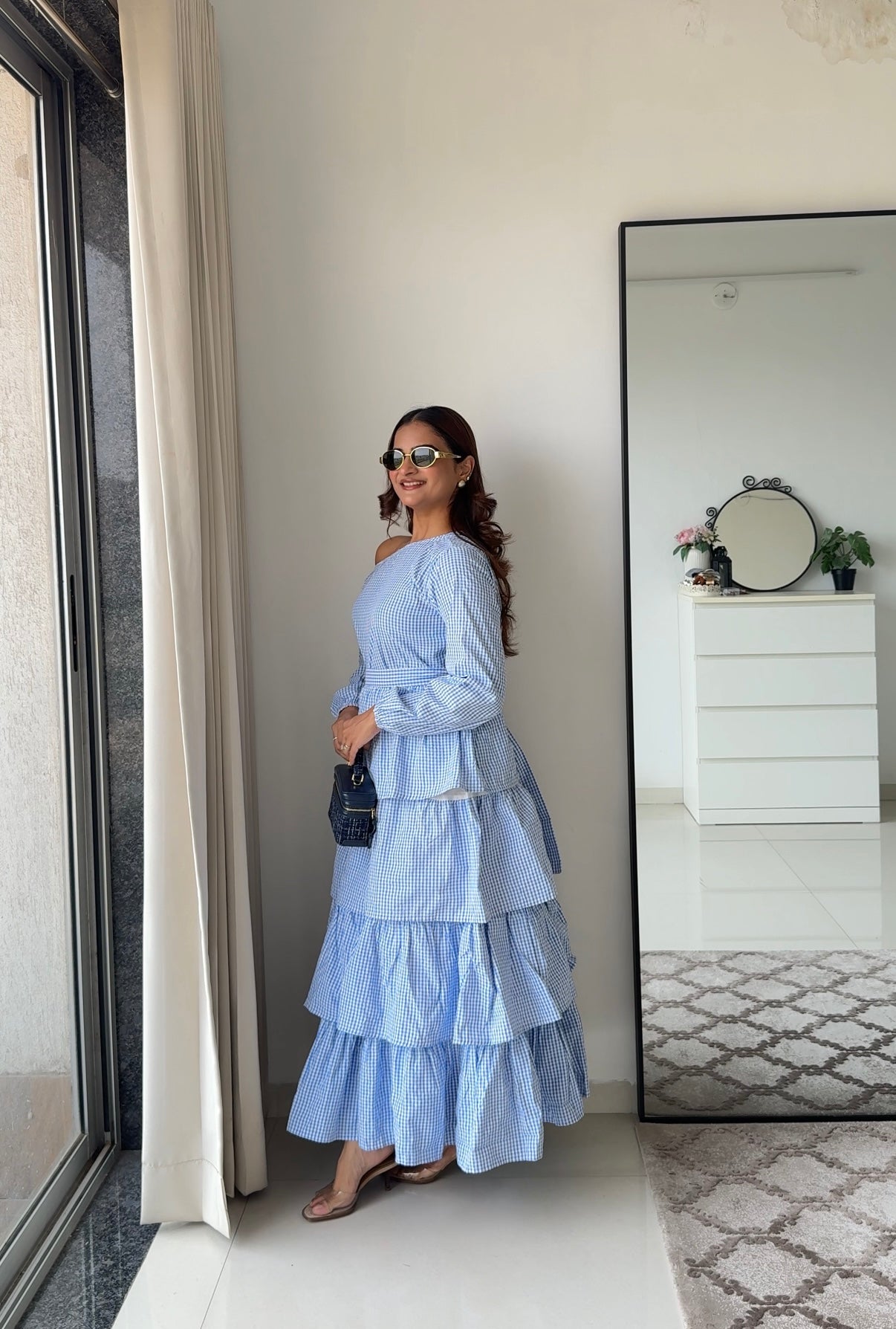 Blue Ghingham One Shoulder Dress with Belt