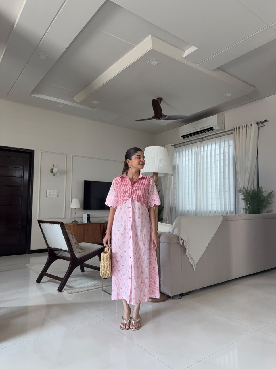 Pink Gingham Floral Dress