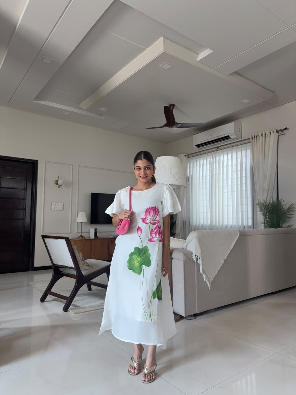 White Handpainted Lotus Dress