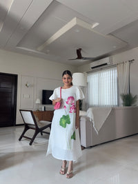 White Handpainted Lotus Dress