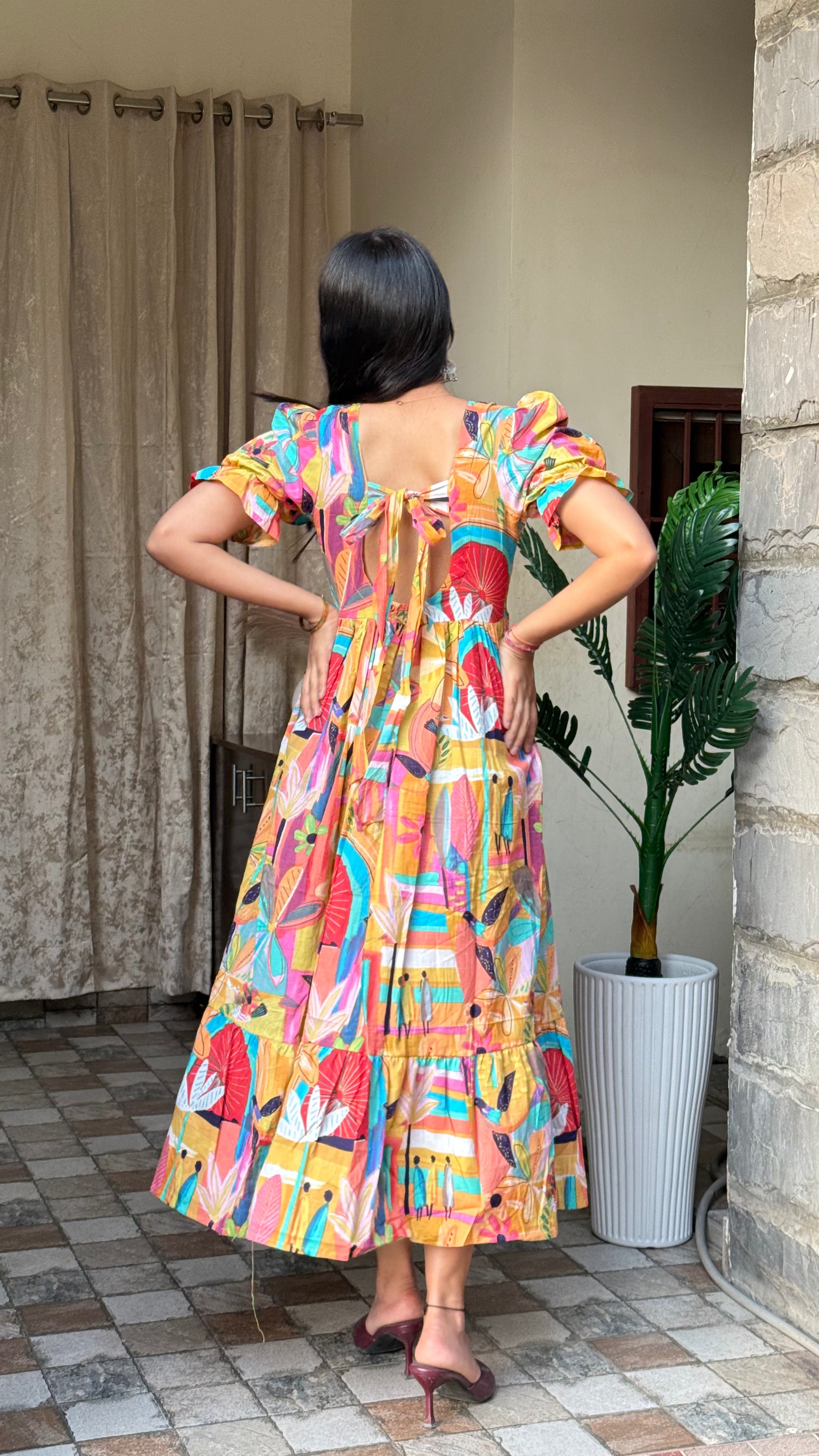 Eva Multicoloured Summer  Pure Cotton Dress with Back Knot