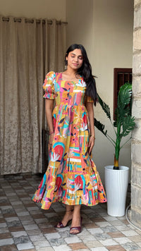 Eva Multicoloured Summer  Pure Cotton Dress with Back Knot