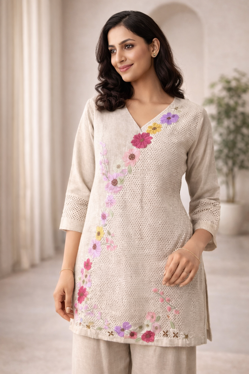 Cotton Floral Brown Coord set with Jute Shrug