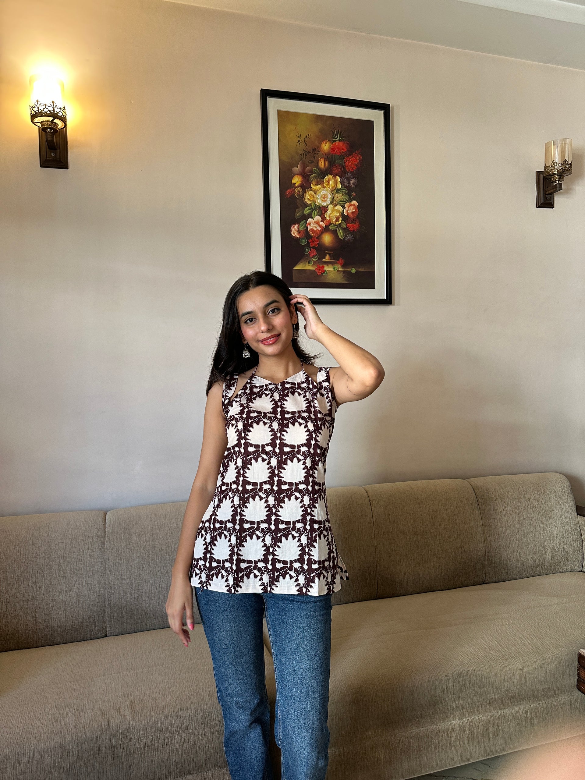 Kanika Brown & White Pure Cotton Top