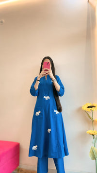 Royal Blue Elephant Embroidered Kurta Set