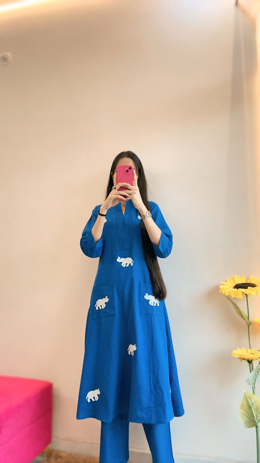 Royal Blue Elephant Embroidered Kurta Set