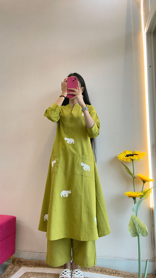 Olive Green Elephant Embroidered Kurta Set