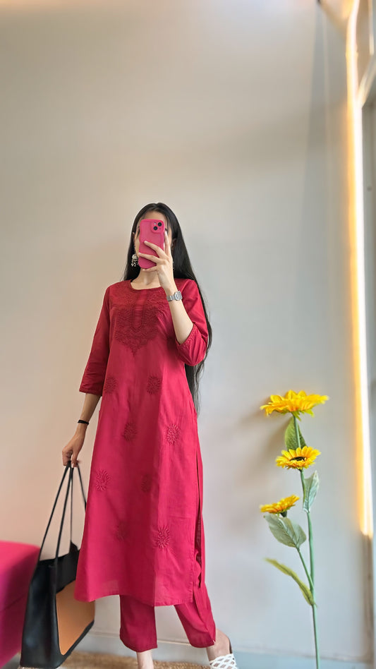 Wine Red Chikankari Embroidered Kurta Set