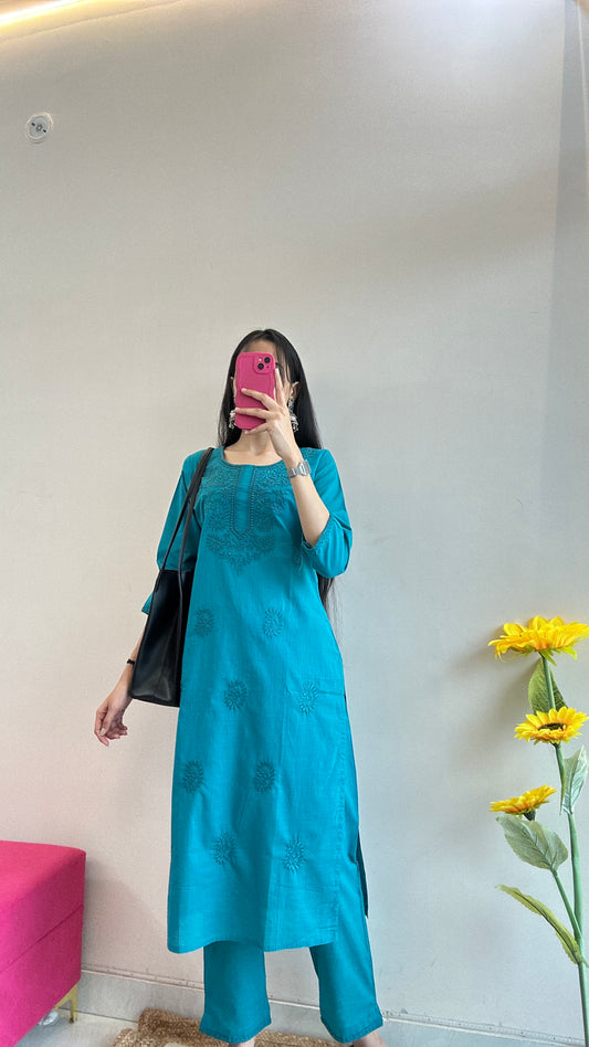 Teal Blue Chikankari Embroidered Kurta Set