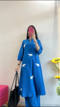 Royal Blue Elephant Embroidered Kurta Set