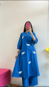 Royal Blue Elephant Embroidered Kurta Set