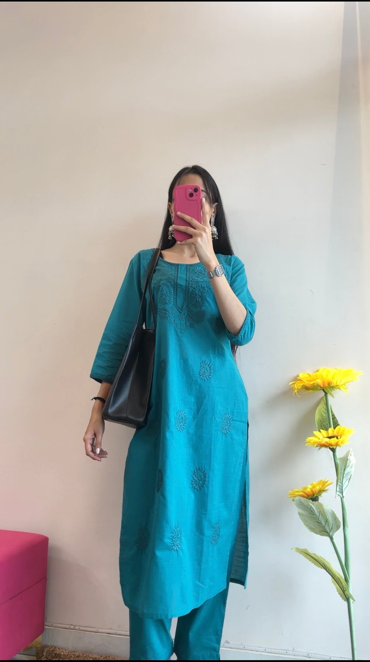 Teal Blue Chikankari Embroidered Kurta Set