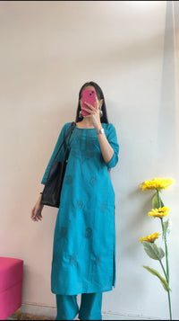 Teal Blue Chikankari Embroidered Kurta Set